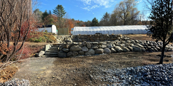 Modern beige and blue building with glass entrance, green lawn, and landscaping under a blue sky.