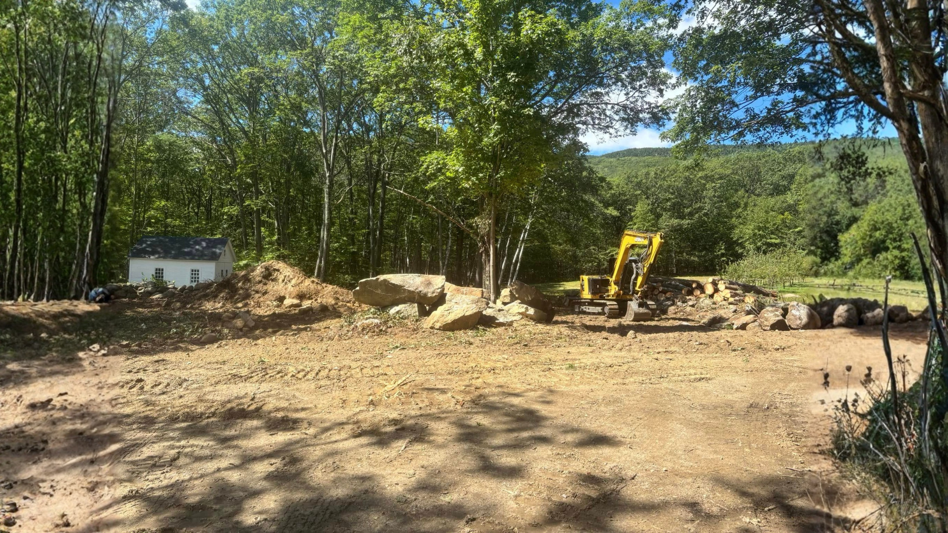Yellow excavator on dirt clearing with rocks, trees, and mountain backdrop.