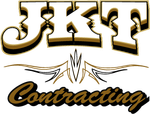 Logo for JKT Contracting with white, brown, and black stylized lettering and a decorative pinstripe flourish in the center.