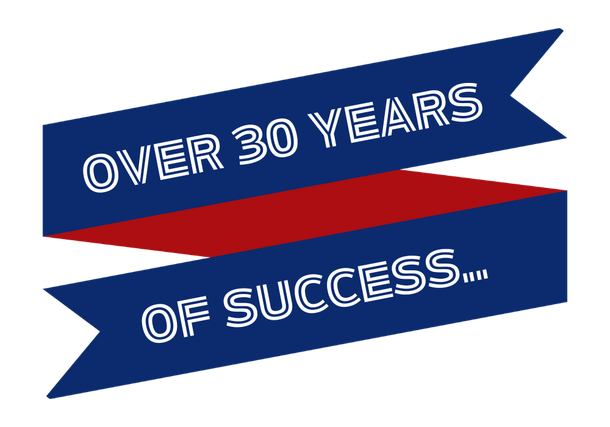 A blue and red ribbon that says over 30 years of success