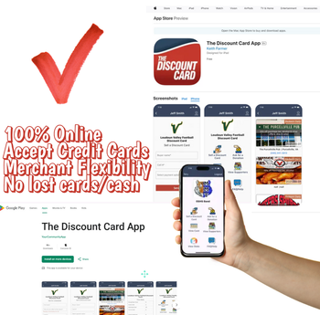Hand holding cell phone with The Discount Card Participant Dashboard showing. Also in the background are the Apple Store and  Google Play Store download pages featuring The Loudoun Valley Vikings Football Team's Digital Discount Card.