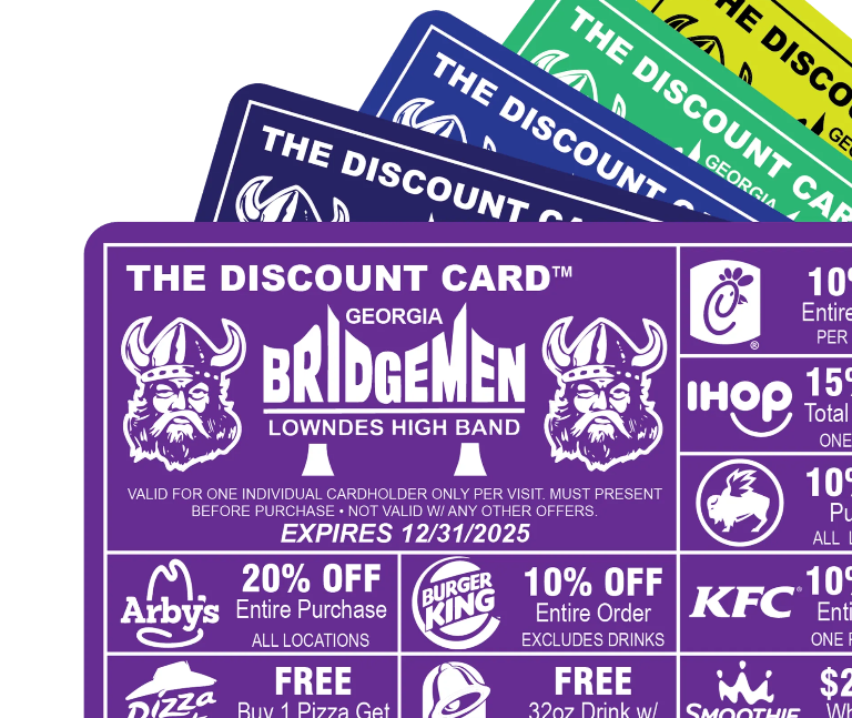 A stack of discount cards including one for the Georgia Bridgemen Lowndes High School Band
