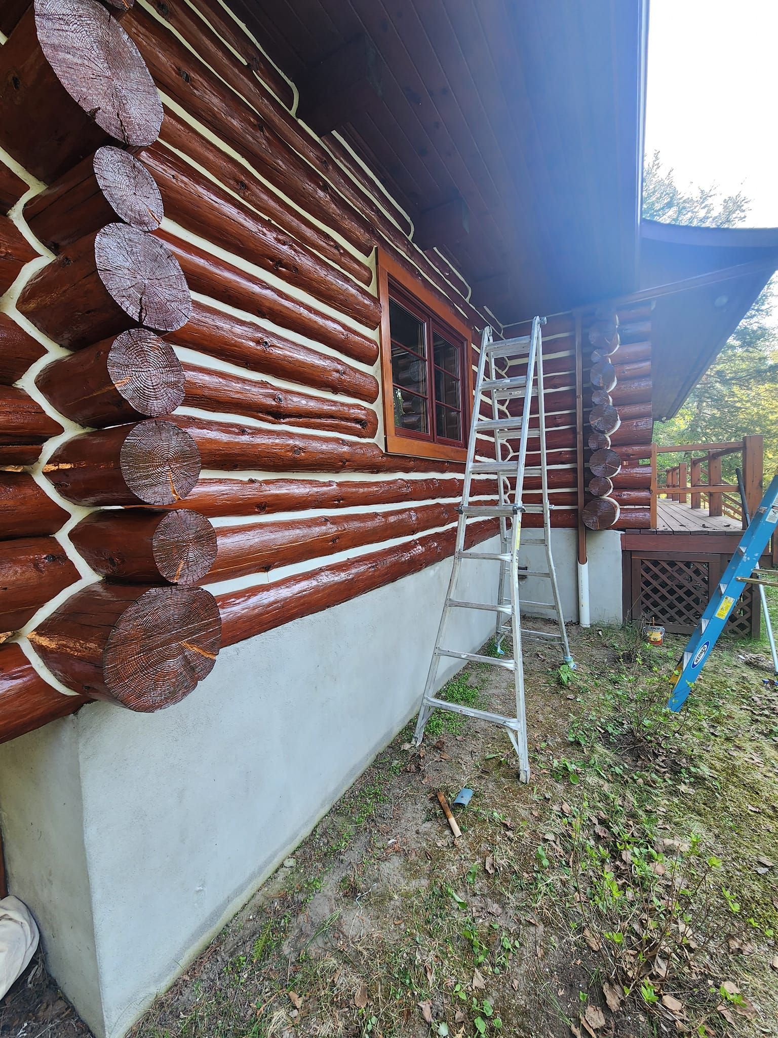 A ladder is sitting on the side of a log cabin.