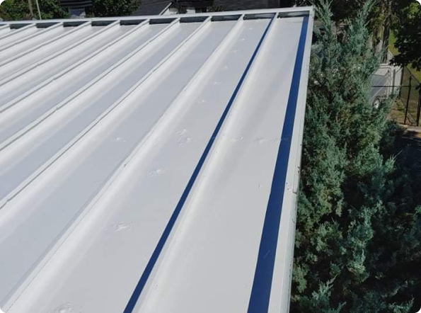 A close up of a white metal roof with a tree in the background.