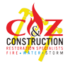Logo for C & Z Construction. Red flame and yellow hammer. Text: Restoration Specialists: Fire, Water, Storm.