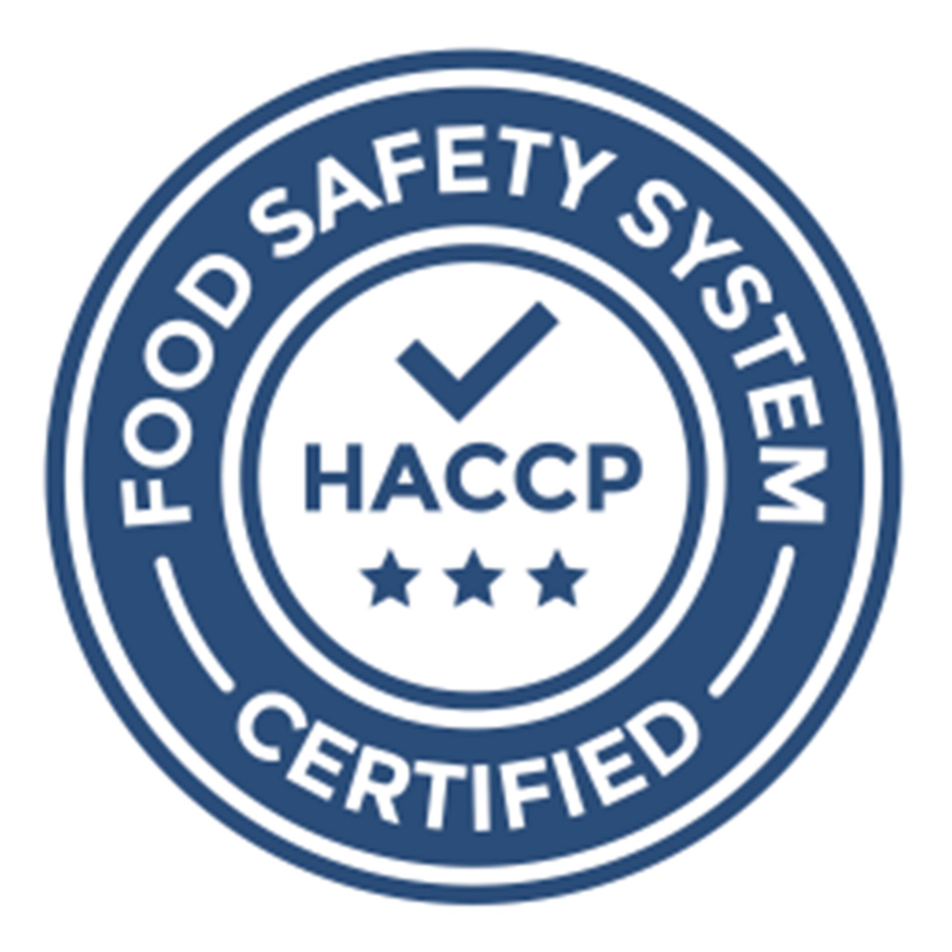 Blue HACCP Certified food safety system seal with checkmark and stars.