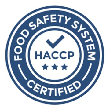 Blue HACCP Certified food safety system seal with checkmark and stars.
