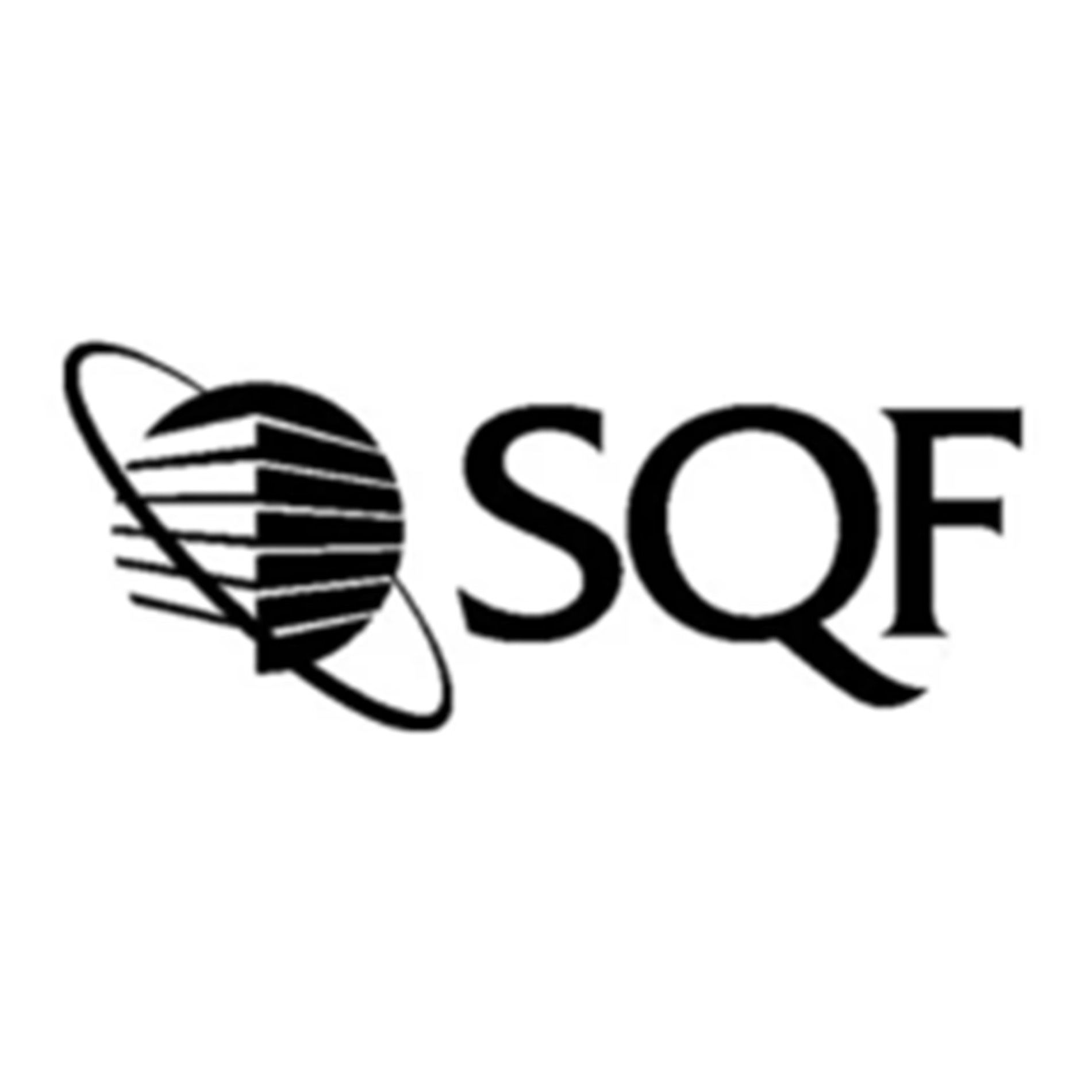Logo for SQF with a globe-like design and orbiting lines, beside the letters