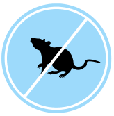No rats allowed sign: black rat silhouette crossed out with white diagonal line on blue background.