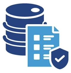 Blue database, document, and security shield icon.