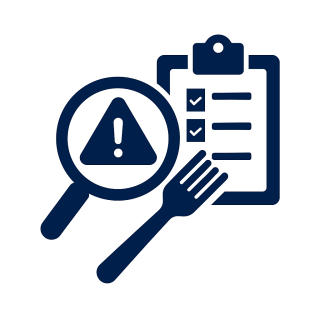 Food safety inspection icon: Magnifying glass over alert, clipboard with checklist, and fork.