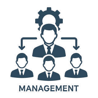 Management icon: Leader with a gear above, directing three subordinates below, all in business attire.
