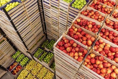 Wooden crates filled with red and green apples, stacked in a market setting.