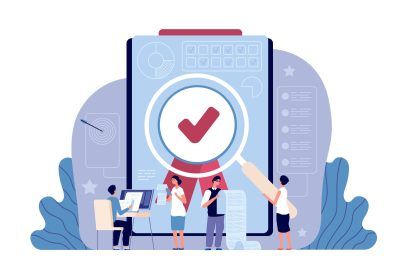 Team reviews documents with magnifying glass focused on a checklist with a checkmark, symbolizing approval.