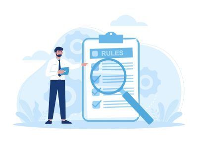 Man pointing at rules on a clipboard with a magnifying glass, in a blue and white setting.