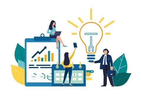 Business team collaborating on a project with charts, calendar, and glowing lightbulb.