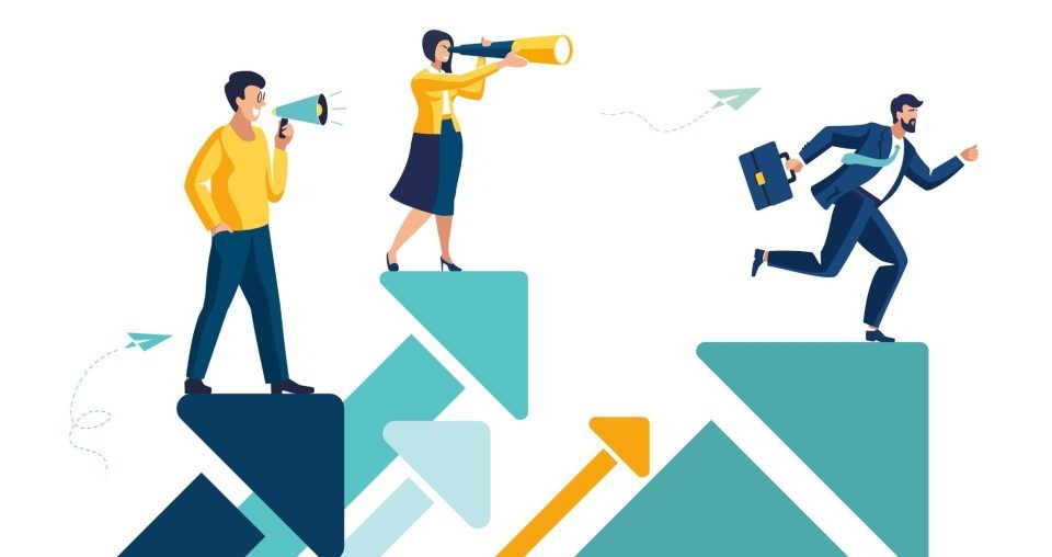 People on rising arrows: one with megaphone, one with telescope, one running with briefcase.