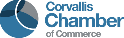 Corvallis Chamber of Commerce logo with blue and gray graphic and text.