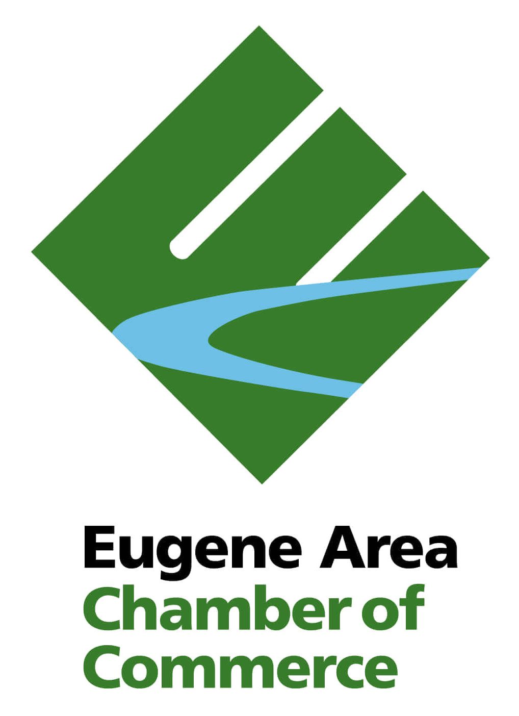 Eugene Area Chamber of Commerce logo: Green diamond with a stylized 