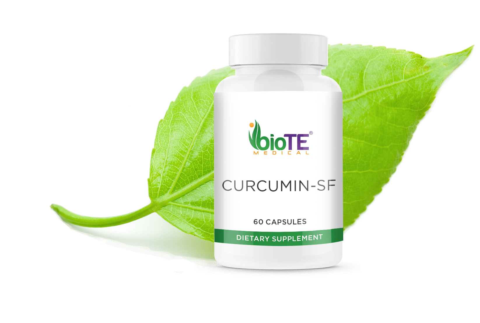 A bottle of biote curcumin sf next to a green leaf
