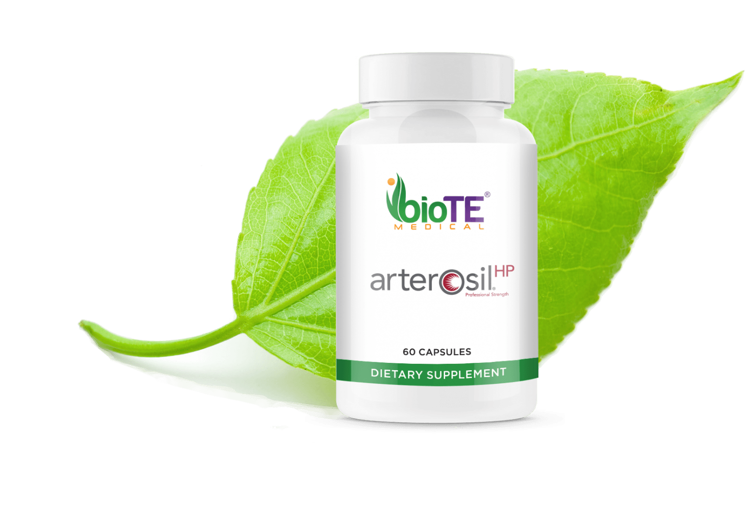 A bottle of biote arterosil is sitting next to a green leaf.