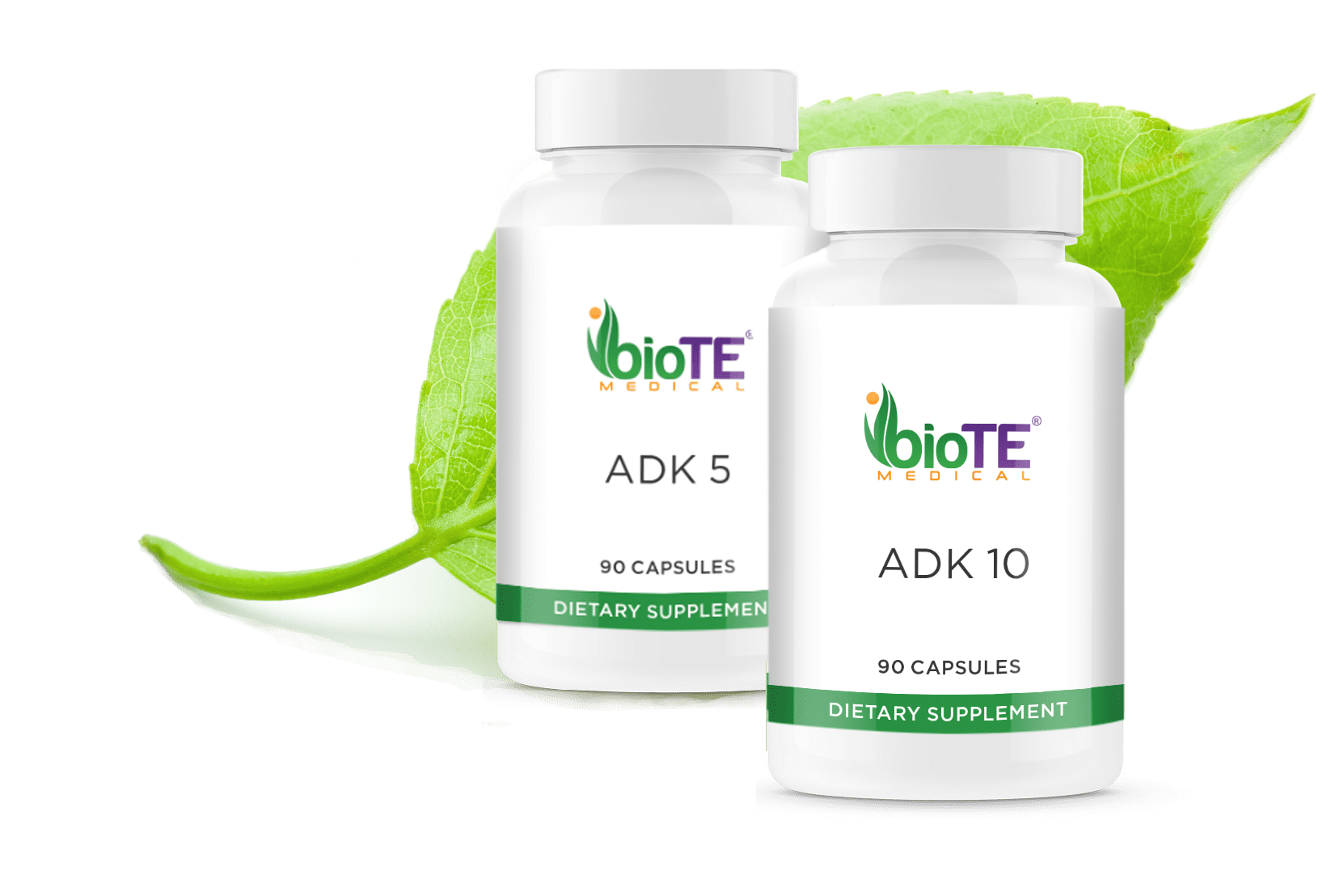 Two bottles of biote adk 5 and adk 10 dietary supplements