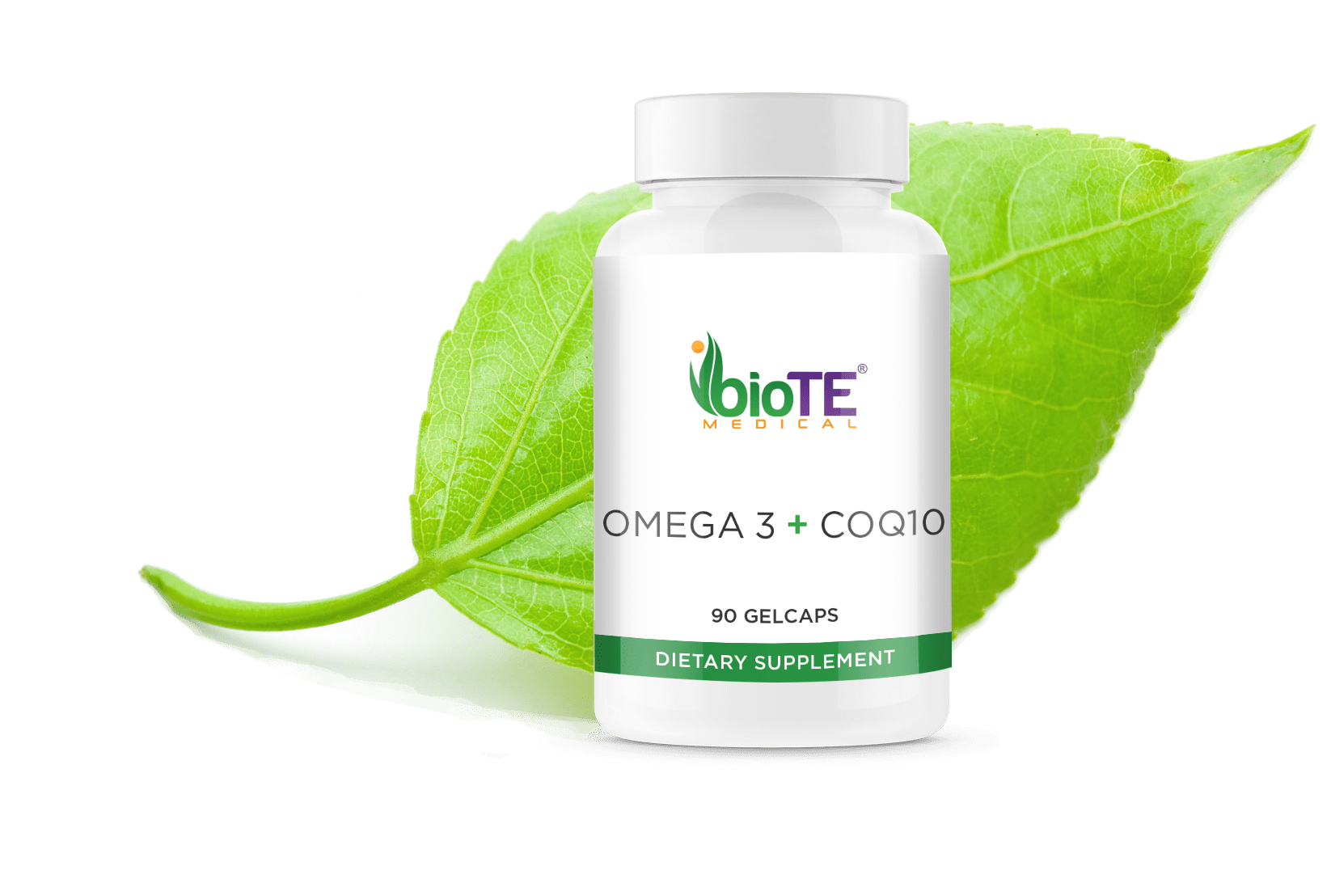 A bottle of biote omega 3 and coq10 next to a green leaf
