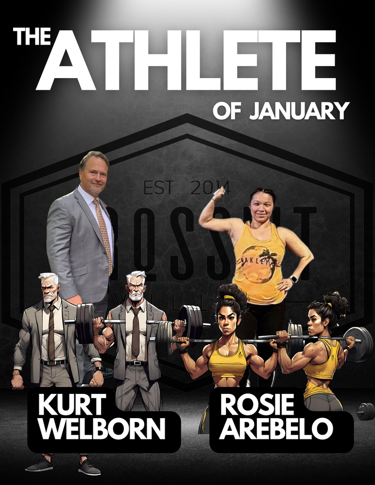 A poster for the athlete of january featuring kurt welborn rosie arebelo and others