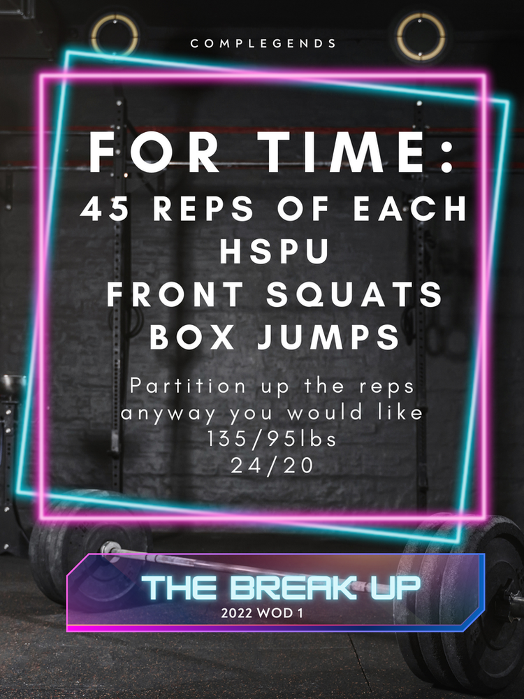 For time 45 reps of each hspu front squats box jumps