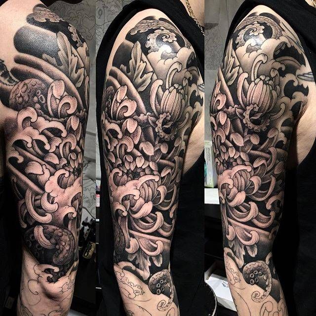 Full sleeve tattoo in black and grey realism by Alo Loco, London artist, UK  - Surrealistic Classic