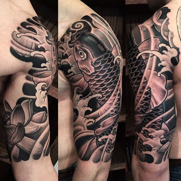 Tattoo uploaded by Orla • Wicked tattoo black koi fish leg sleeve with  Autumn leaves tattoo #dreamtattoo #mydreamtattoo • Tattoodo