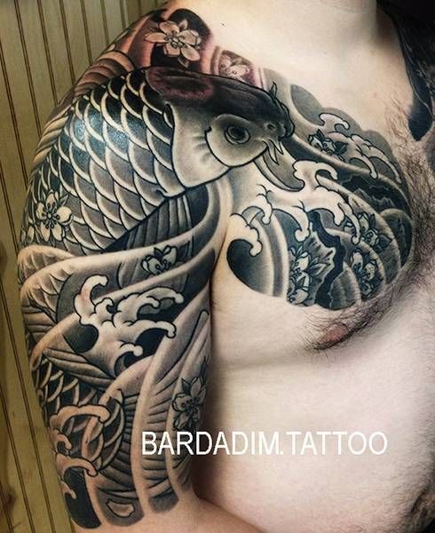 Japanese Tattoo Sleeve. Black and Grey style.