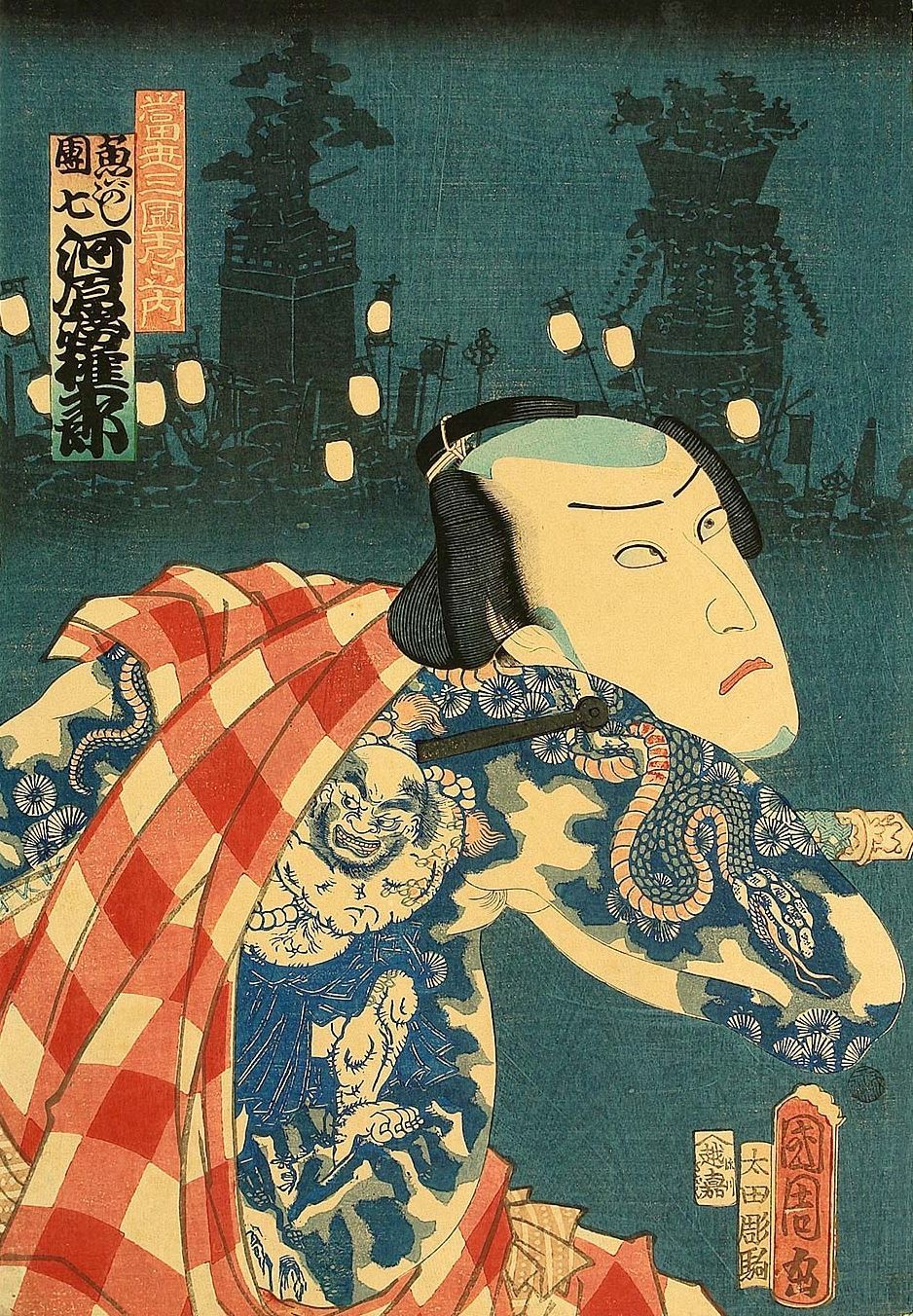 A painting of a man with a lot of tattoos on his body