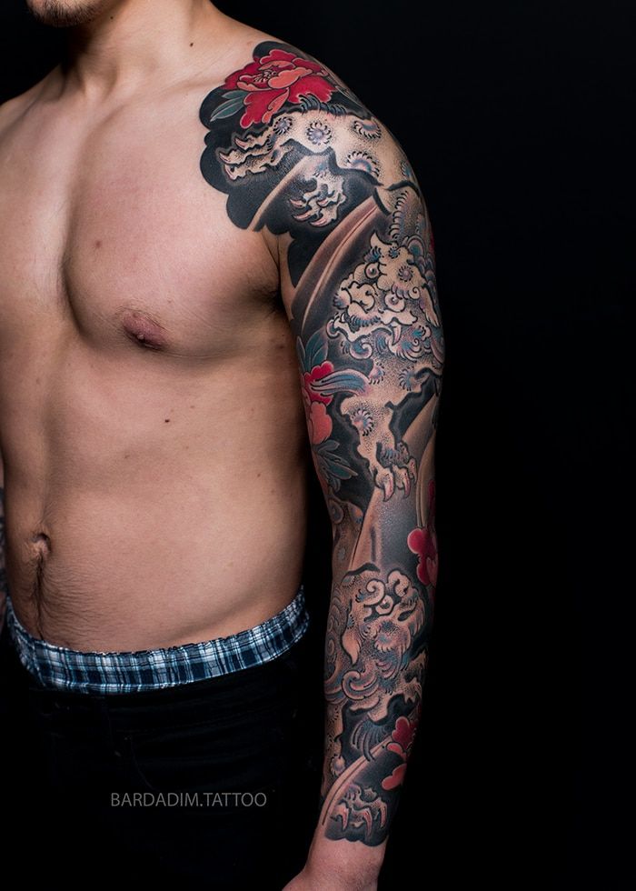 Shishi lion tattoo sleeve by George Bardadim