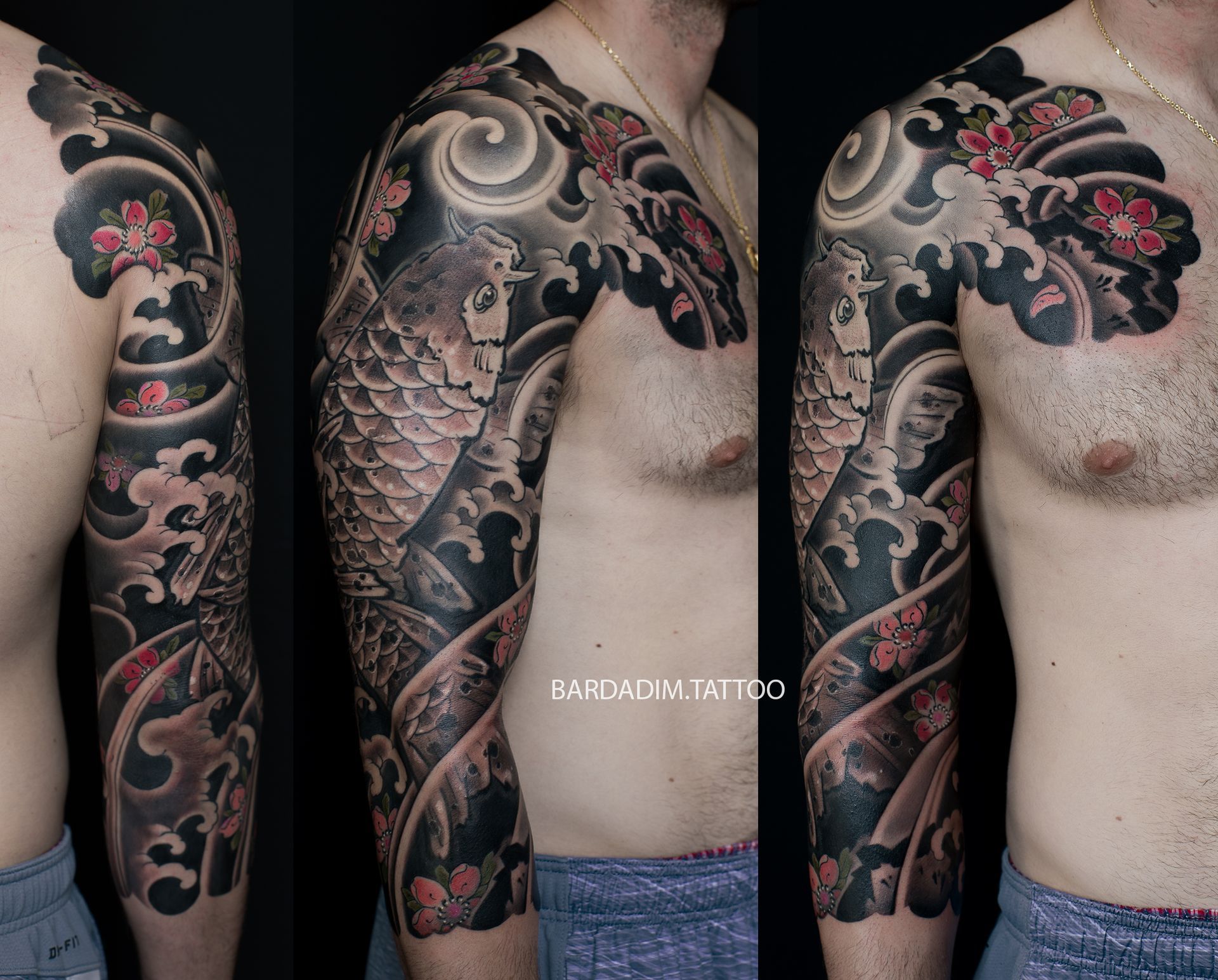 A man has a tattoo on his arm and chest.