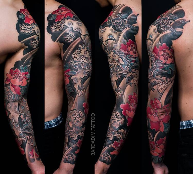 shishi lions and peonies tatto