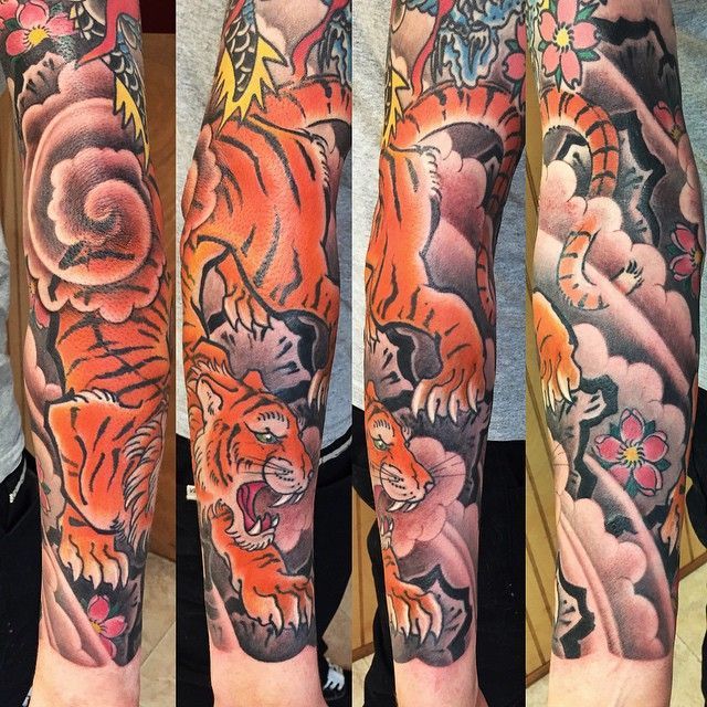 Tiger tattoo located on the forearm, illustrative