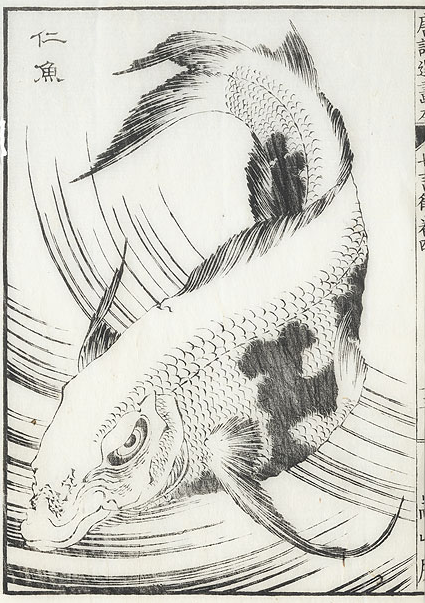 A black and white drawing of a fish with chinese writing on it