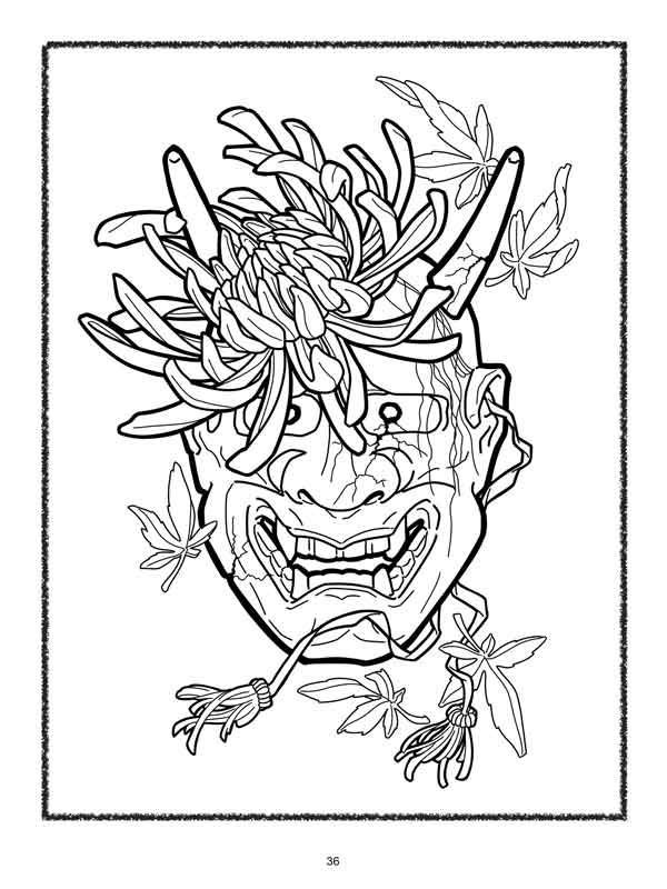 A black and white drawing of a demon mask with flowers on it.