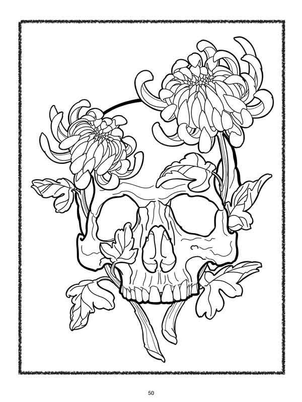 A black and white drawing of a skull surrounded by flowers.