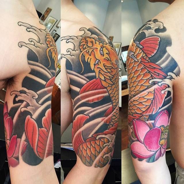 Japanese style leg sleeve tattoo samurai mask and dr...