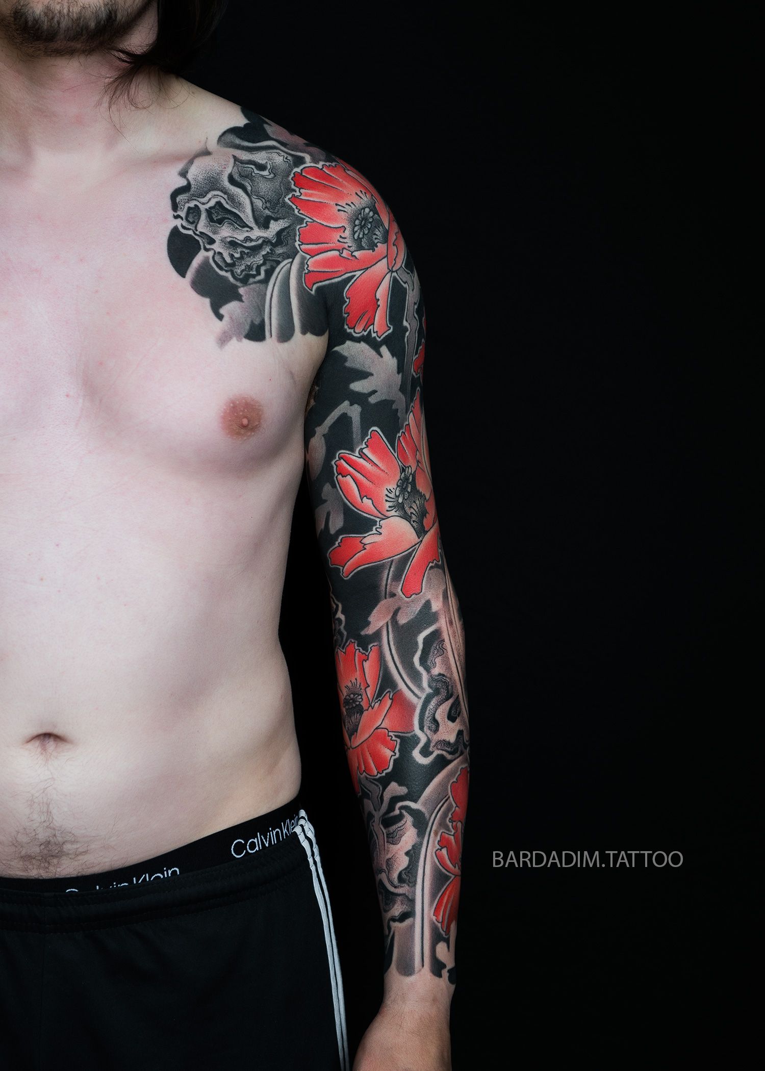 poppy flowers and skulls tattoo sleeve by George Bardadim