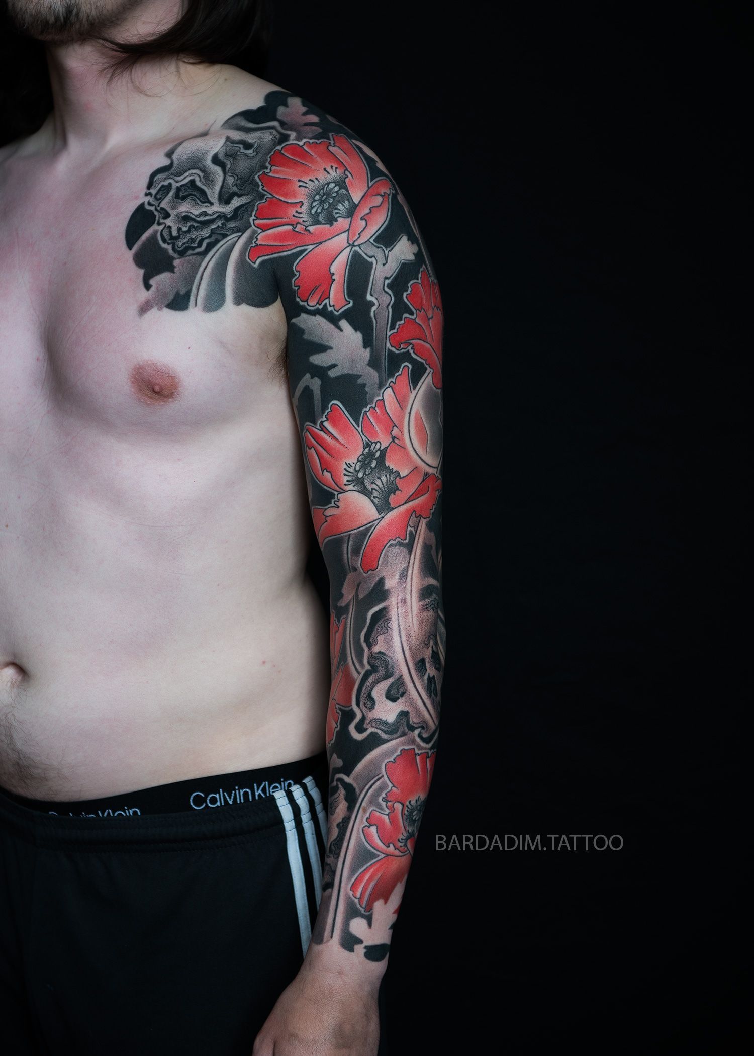 poppy flowers and skulls tattoo sleeve by George Bardadim