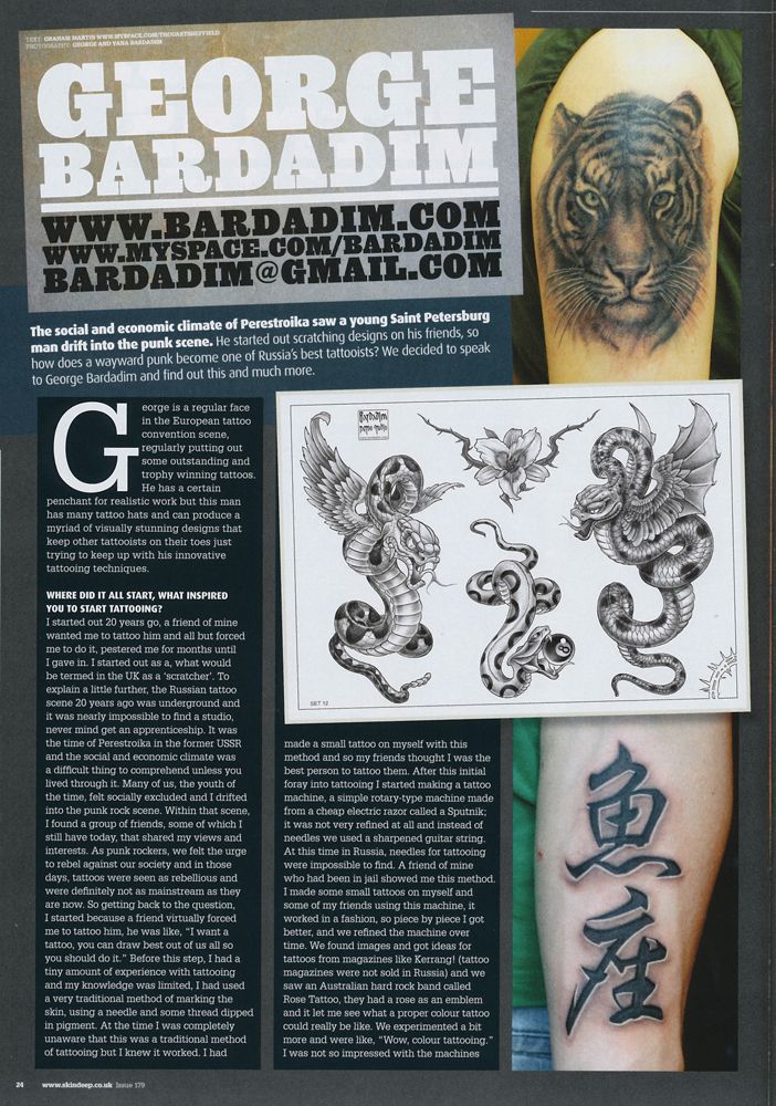 A magazine article about george bardadim and his tattoos