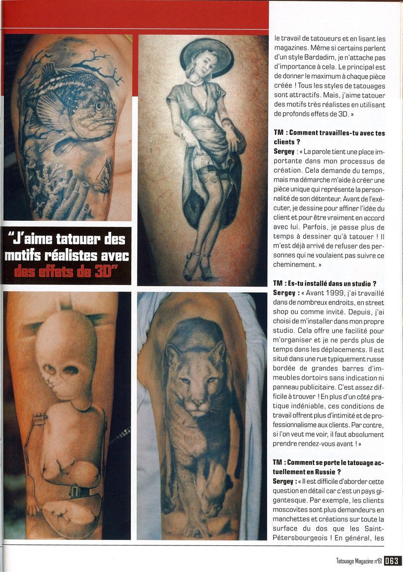 A magazine page with a collage of tattoos on a man 's arm
