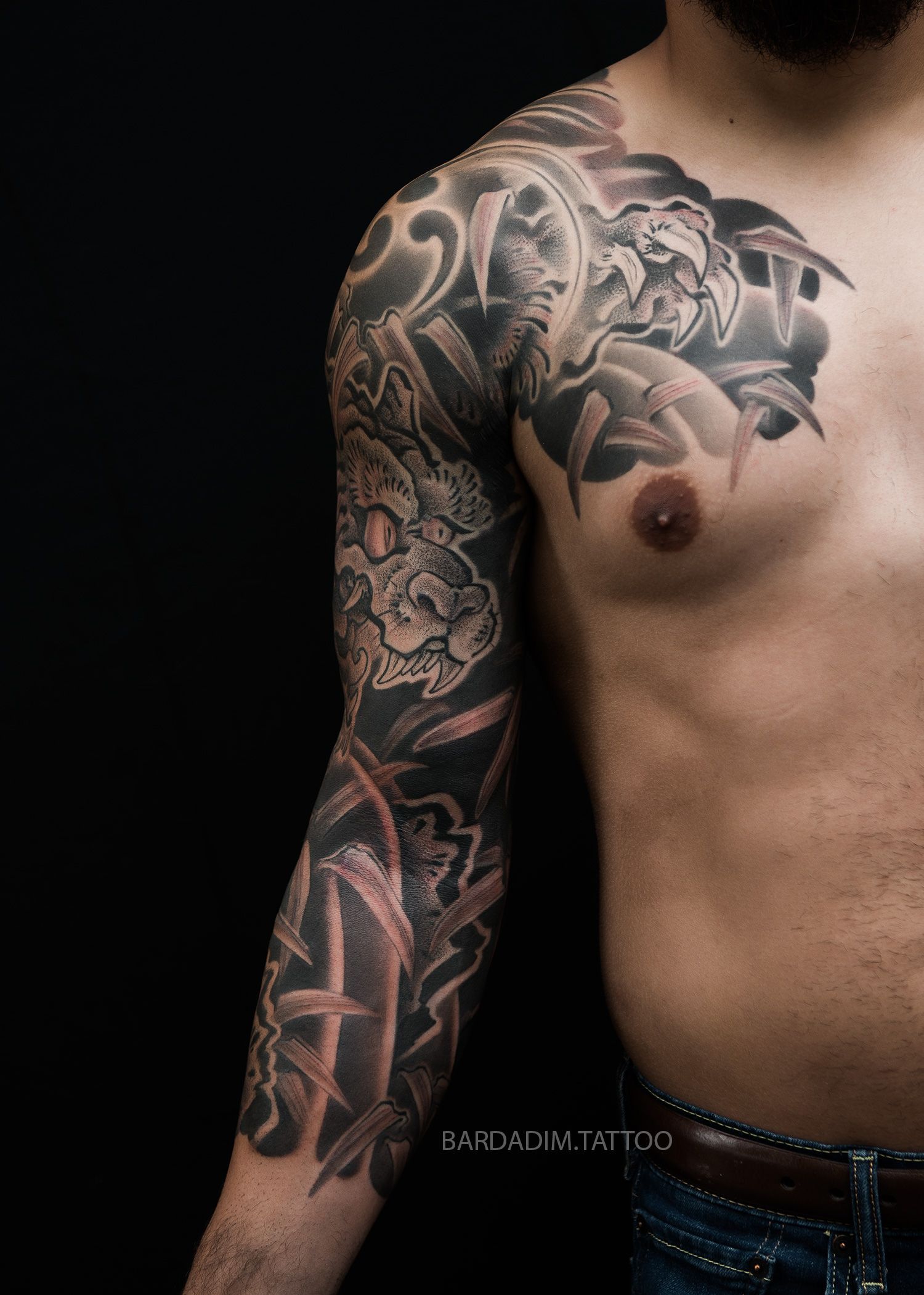 Tiger and bamboo. Tattoo sleeve by George Bardadim.