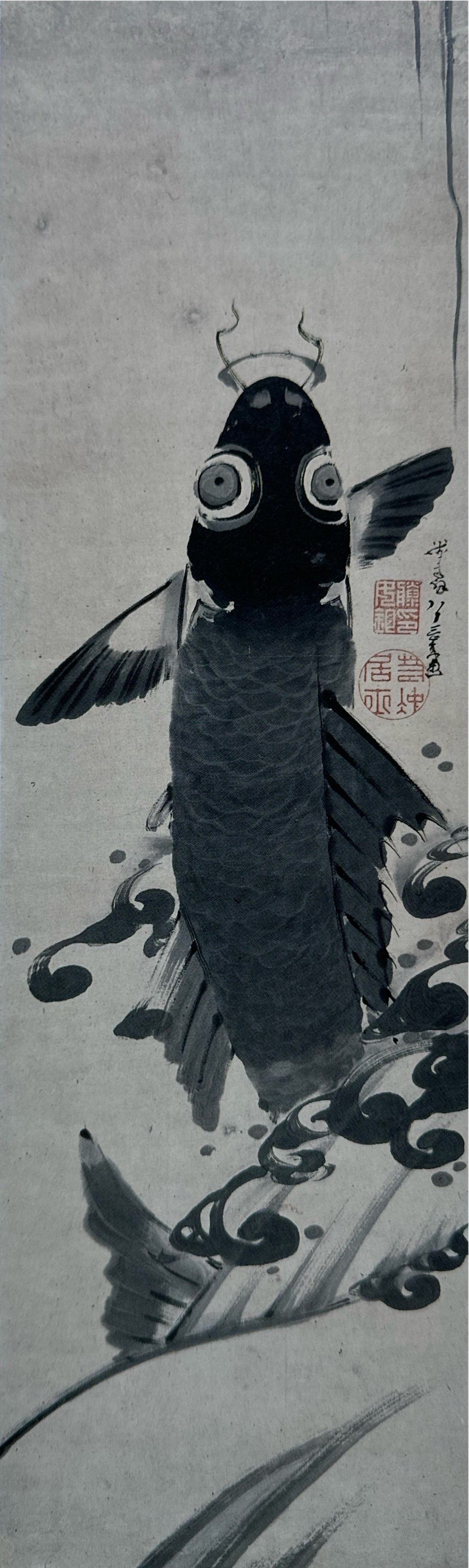 A black and white painting of a fish swimming in the water.