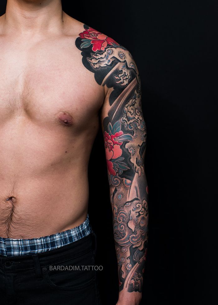 Shishi Lions and Peonies Tattoo by George Bardadim.