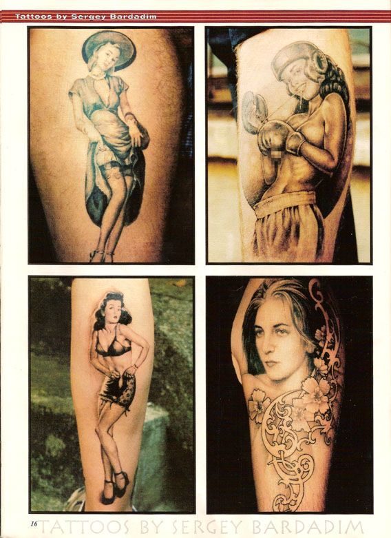 Four pictures of tattoos by sergey bardasim are shown