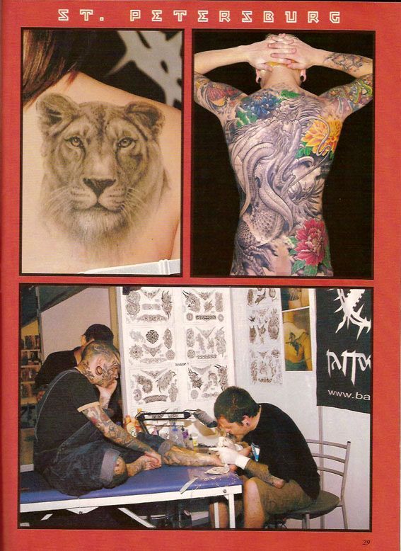 A collage of photos shows a lion on a woman 's back and a man getting a tattoo
